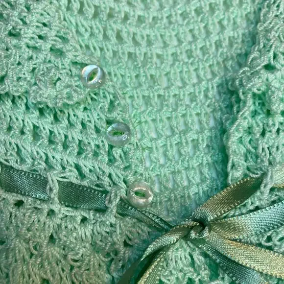 Seafoam Mint Green Crochet Lace Ribbon Bow Button Christening Gown Formal  Dress